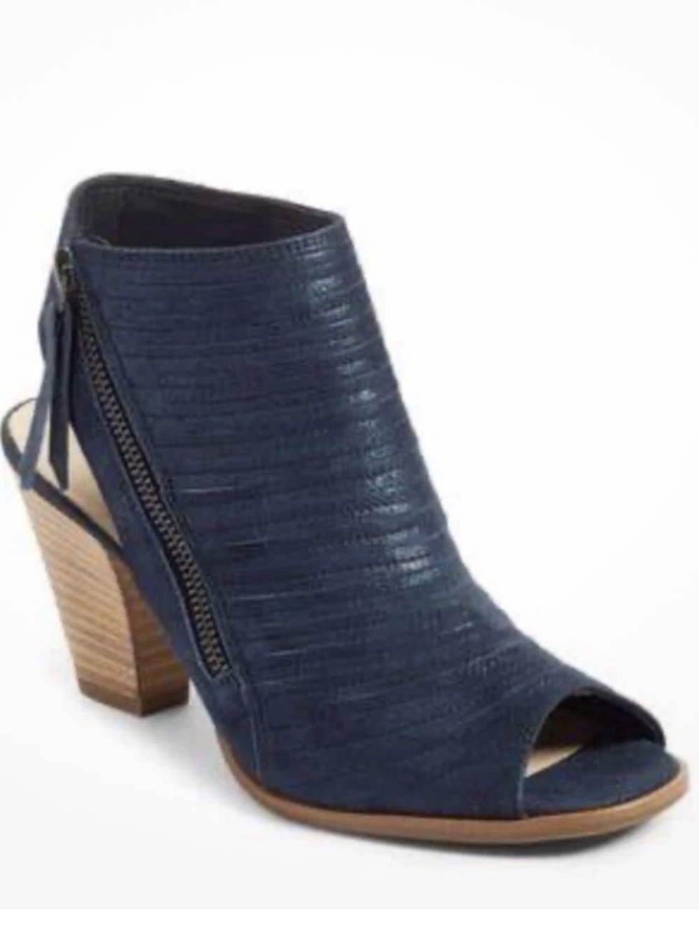 Paul Green Navy Blue Leather Metallic Infused Open Toe Zip Up Heels Sz 5 $398